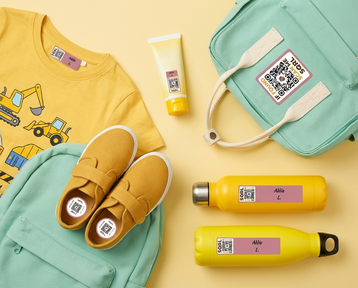 Happy child with labeled school items