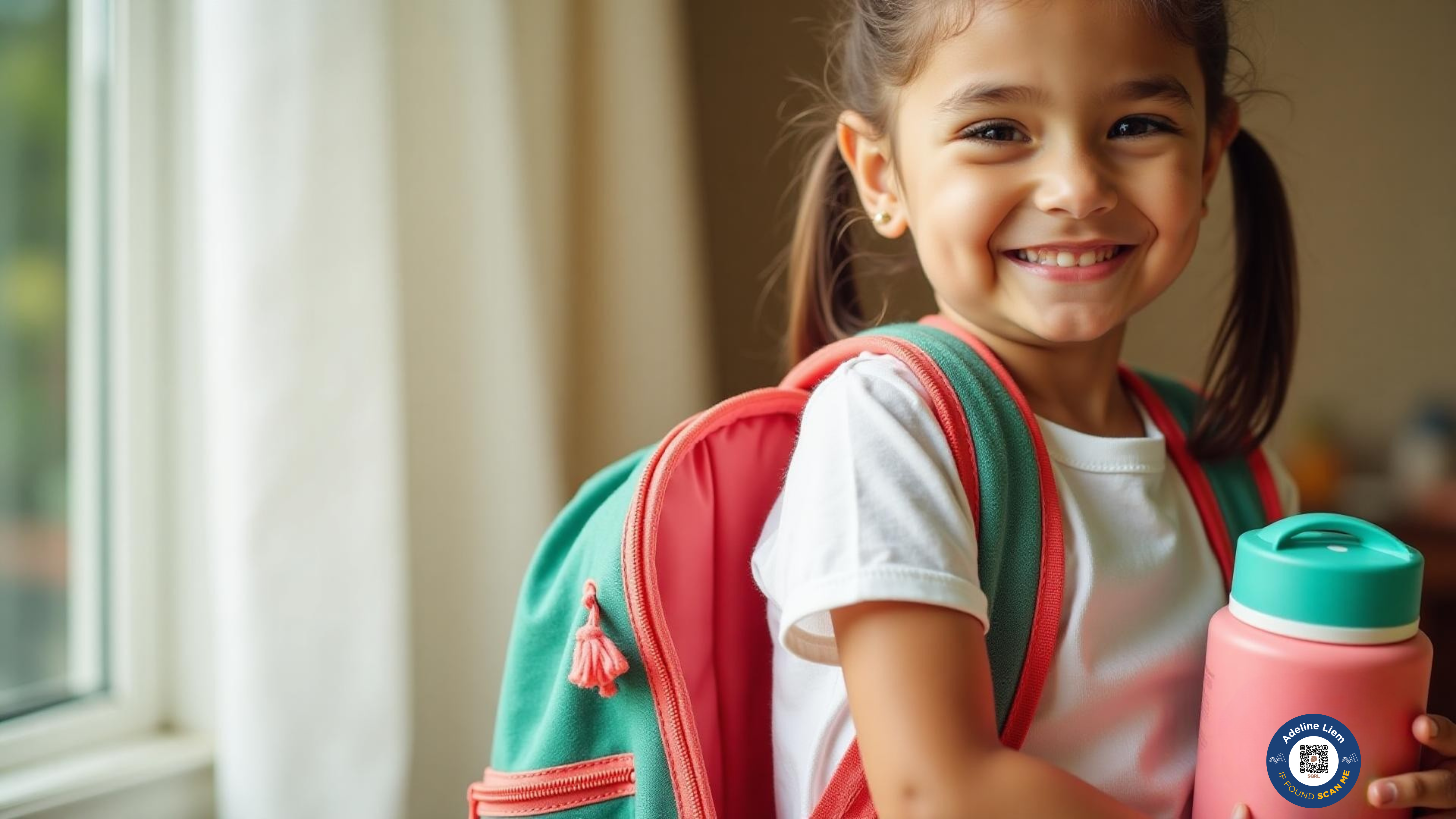 Happy child with labeled school items